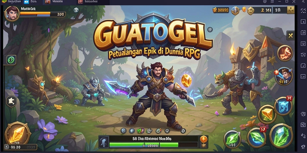 Screenshot utama GUATOGEL menunjukkan karakter heroik beraksi dalam pertempuran RPG.