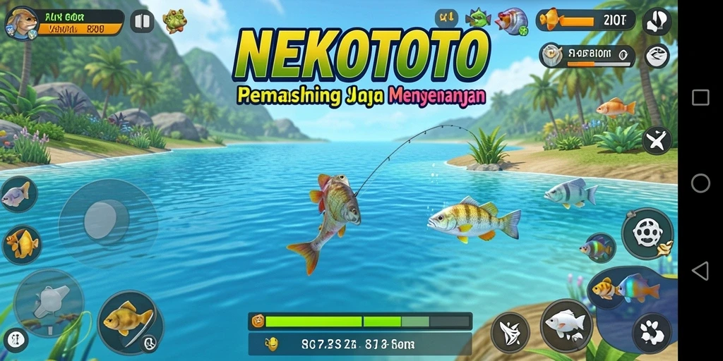 Tampilan gameplay NEKOTOTO yang menunjukkan aksi memancing yang seru.
