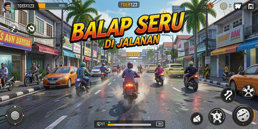 Screenshot gameplay balap dengan mobil yang melaju cepat di jalan.